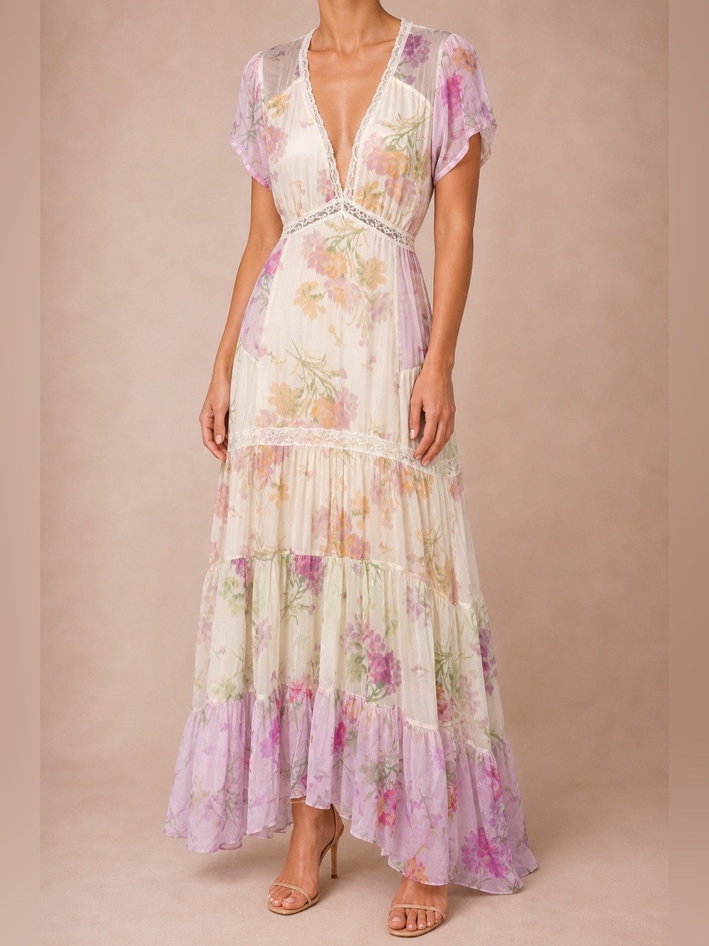 LoveShackFancy Cream Maxi Dress with Lavender Floral Accents